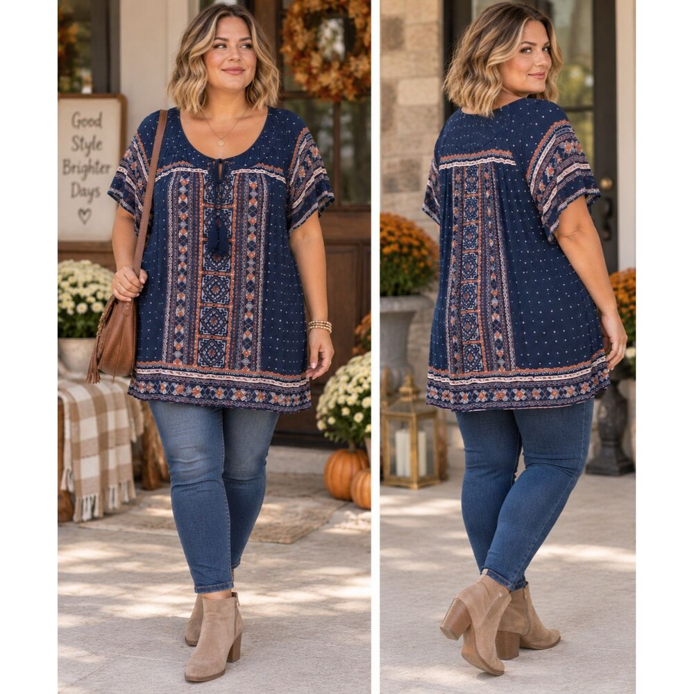 Lucky Brand Womens 2X Blue Boho Paisley Print Tunic Top Short Sleeve Plus Size